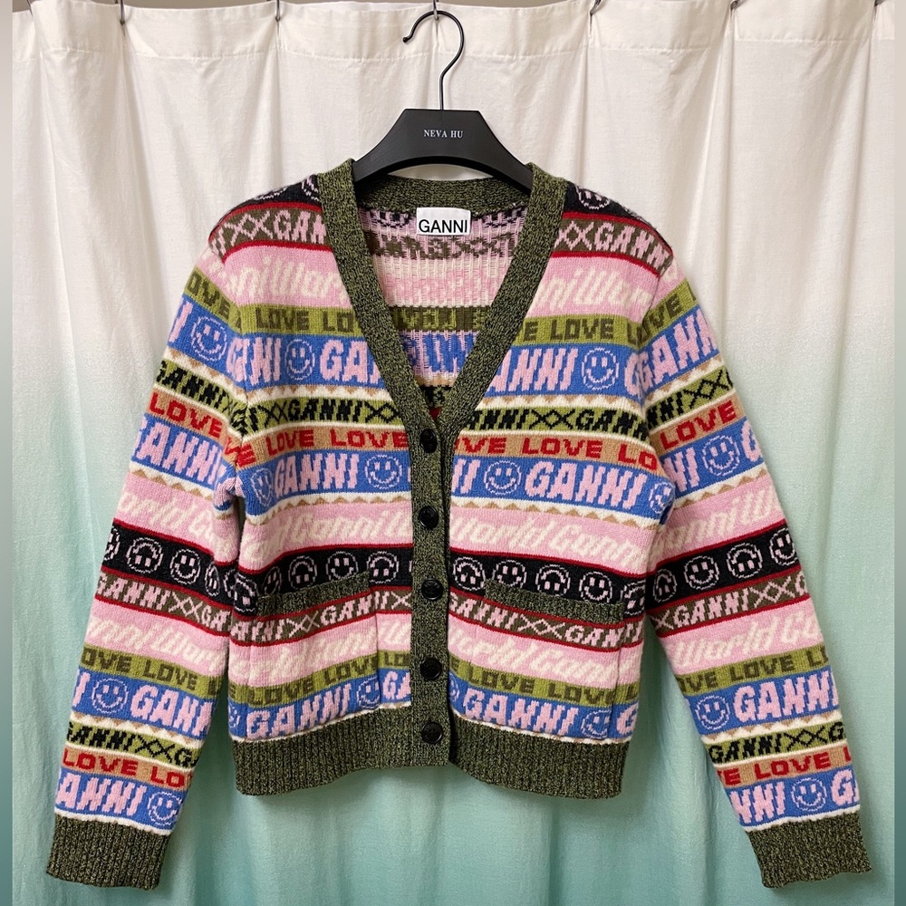 Ganni V-Neck Knitted Graphic Wool Cardigan, Size M, Multicolor